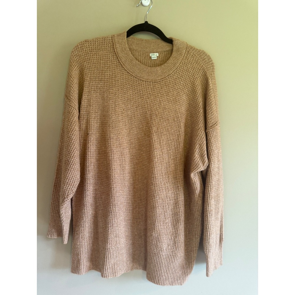 Aerie Oversized Waffle Knit Sweater Tan Marl Crew Neck Pullover XS TP